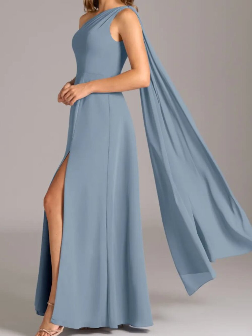 Azazie Tella Dusty Blue A-Line One Shoulder Chiffon Dress